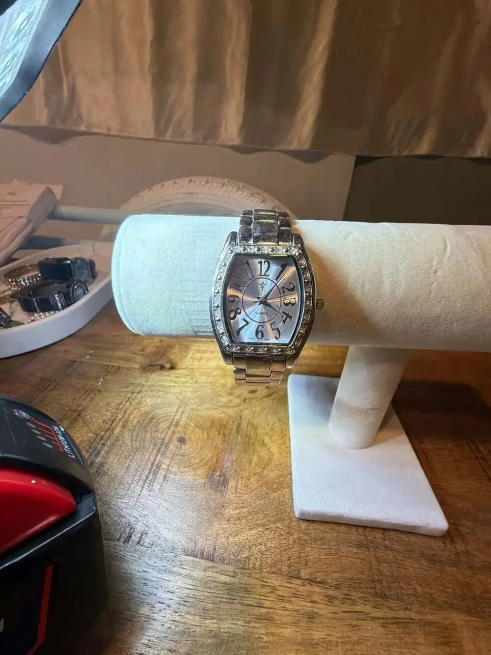 Fleur-de-Lis Quartz Barrel-Shaped Crystal Bezel Watch